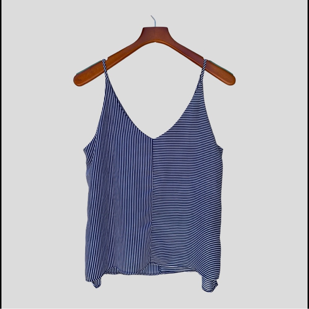 BP Nordstrom Navy Blue White Striped Split Panel V Neck Cami Tank Top Size M